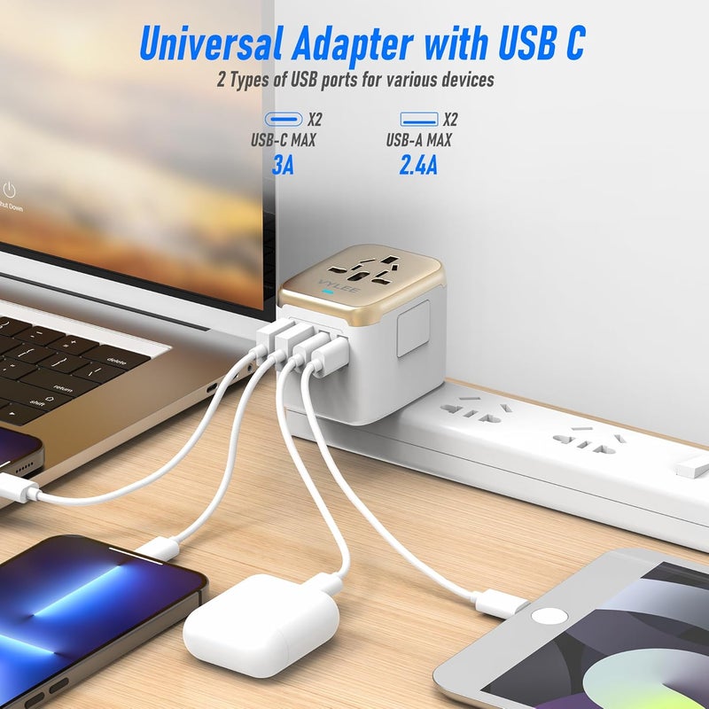 VYLEE Universal International Power Travel Plug Adapter, 5 in 1 European Travel Plug Adapter W/ 3.5A 2xUSB-A and 2xUSB C Wall Charger and Worldwide AC Outlet for Europe USA UK AUS Asia (White Gold) - Image 2